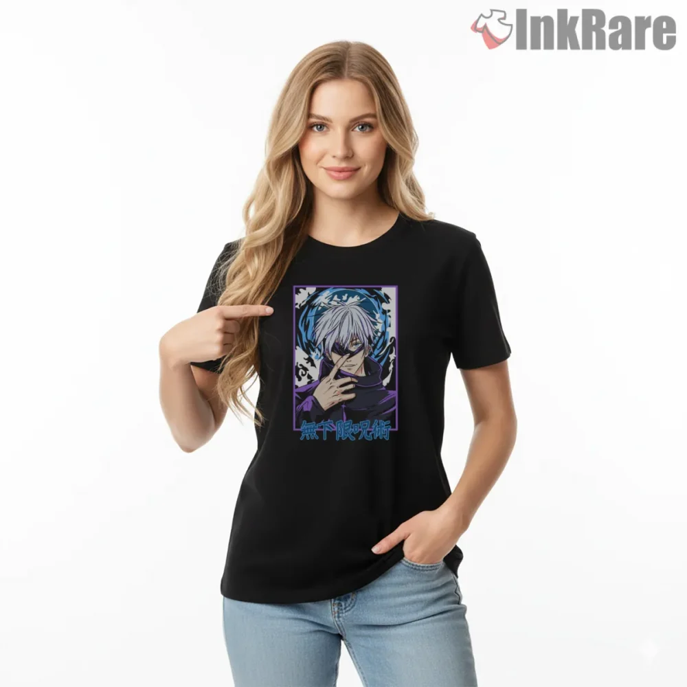 Satoru Gojo Manga Frame Purple Aura Anime Shirt on black short sleeve shirt for women graphic tee