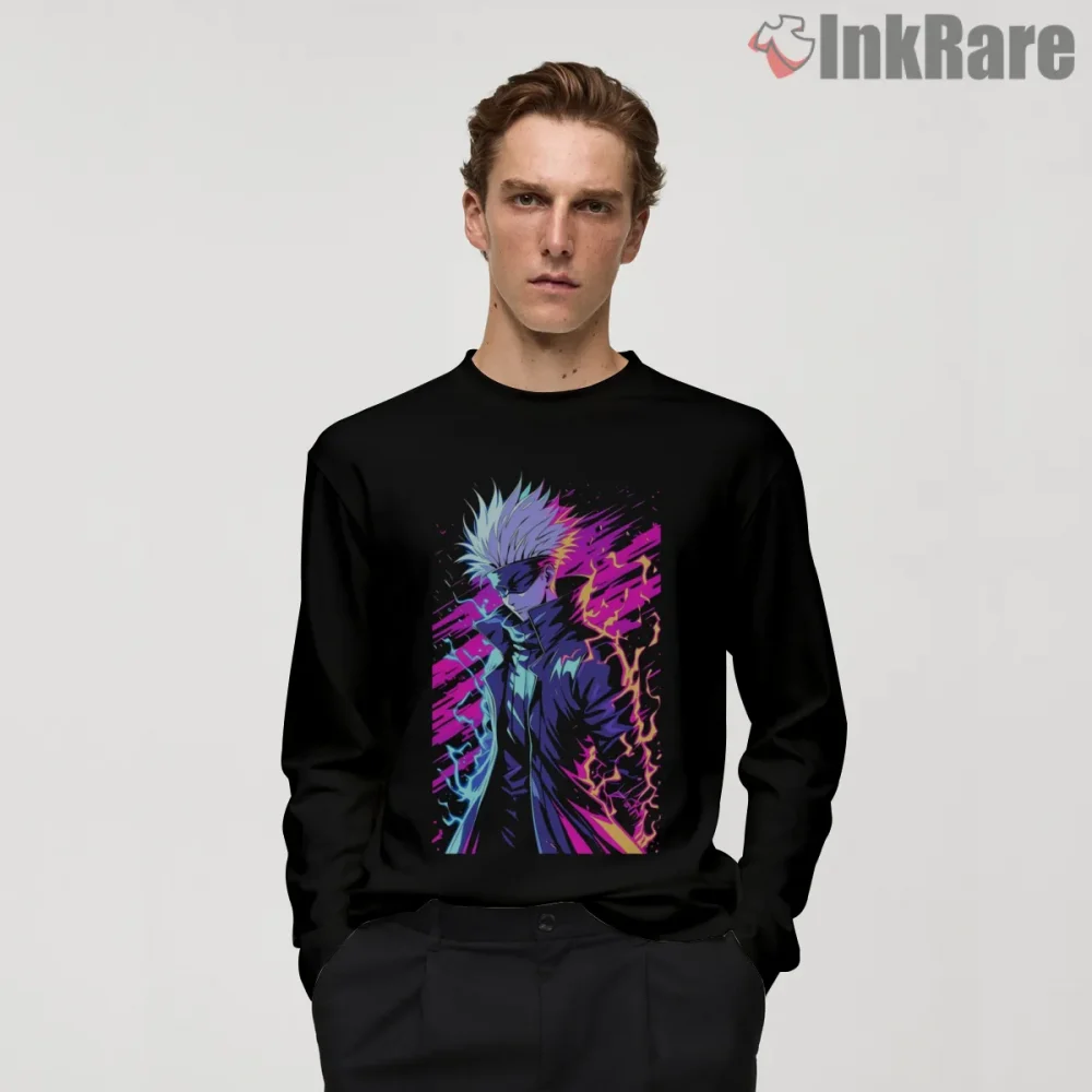 Satoru Gojo Neon Lightning Cyber Anime Shirt on black long sleeve shirt for men graphic tee