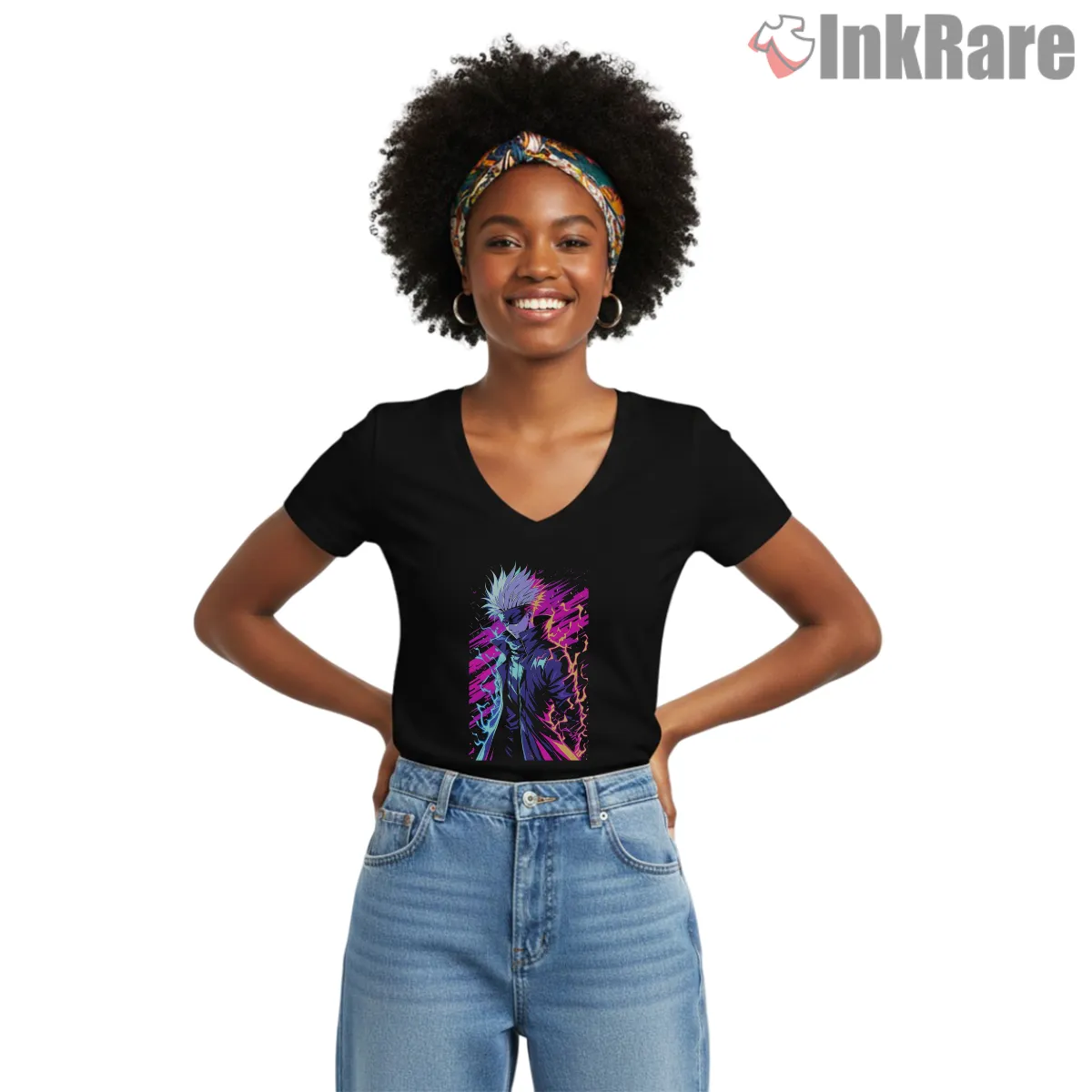 Satoru Gojo Neon Lightning Cyber Anime Shirt on black v-neck shirt for women graphic tee