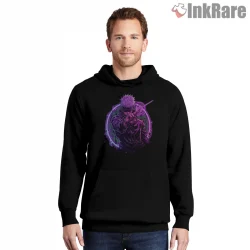 Satoru Gojo Purple Energy Aura Dynamic Anime Shirt on black hoodie for men graphic tee