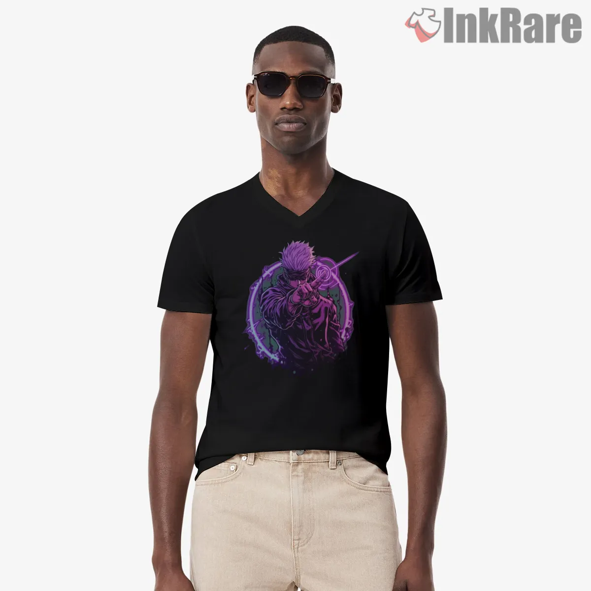 Satoru Gojo Purple Energy Aura Dynamic Anime Shirt on black v-neck shirt for men graphic tee