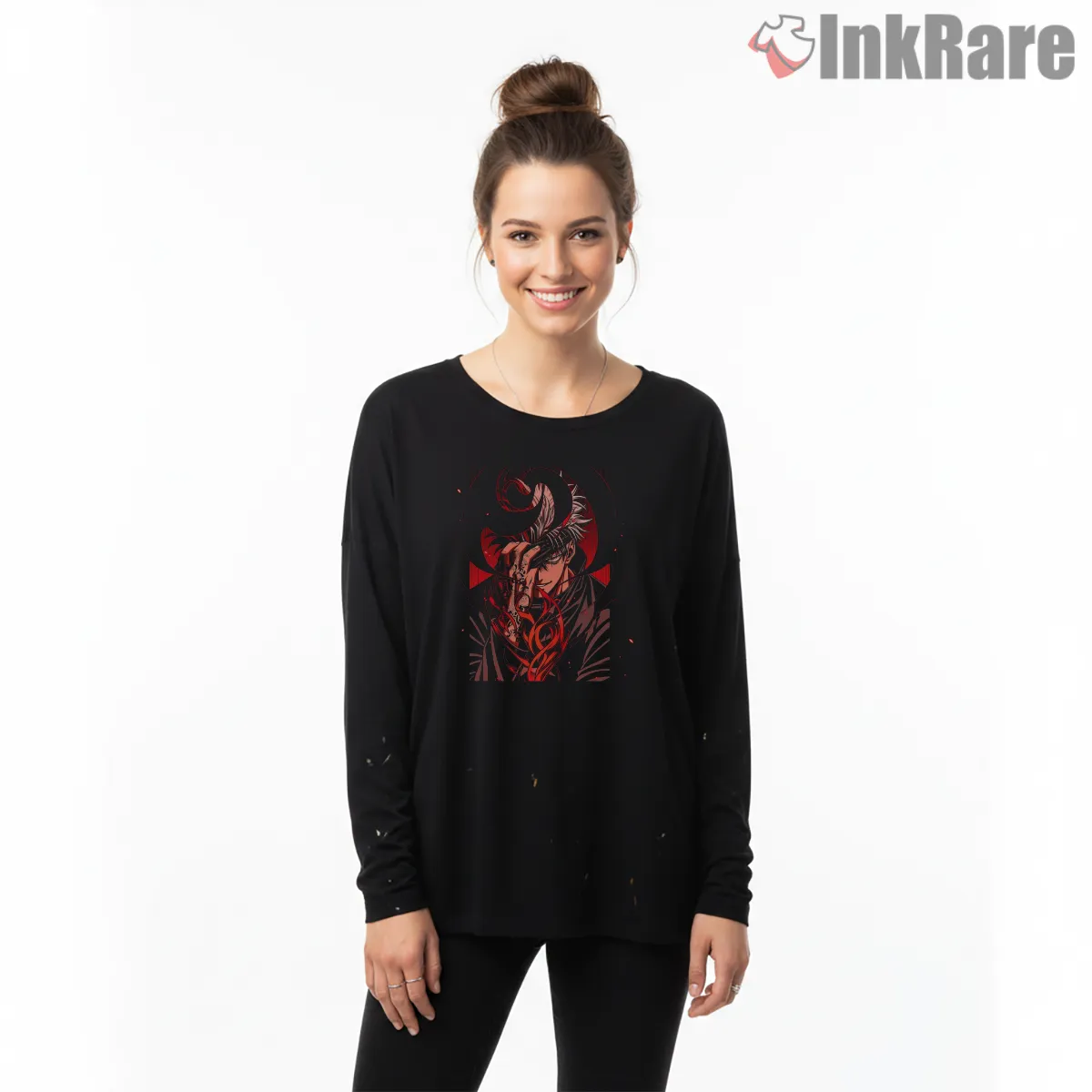 Satoru Gojo Red Curse Spiral Anime Shirt on black long sleeve shirt for women graphic tee