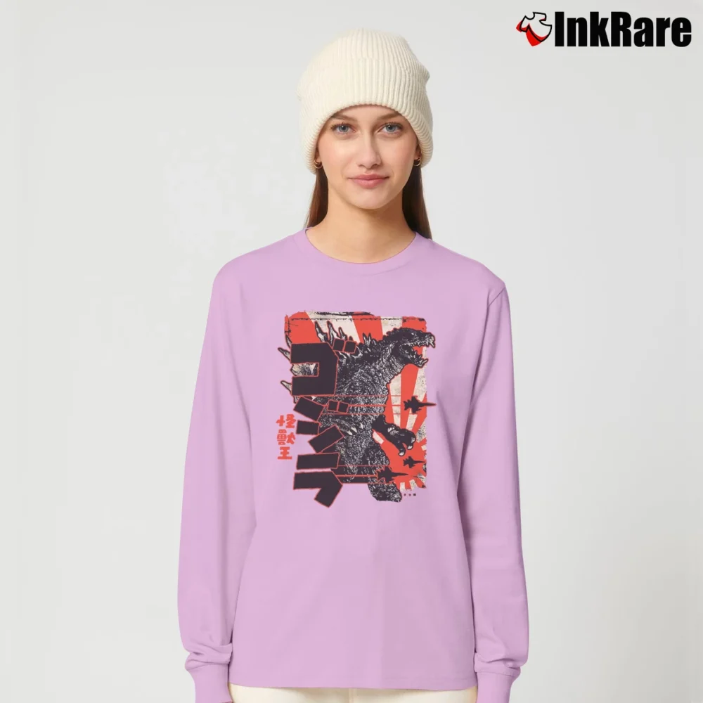 Women’s Savae Godzilla Japan Inspired Graphic Long-Sleeve Top in light pink | Sleek, Versatile, All-Season