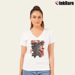 Women’s Savae Godzilla Japan Inspired Graphic V-Neck Tee in white | Chic Neckline, Soft Texture