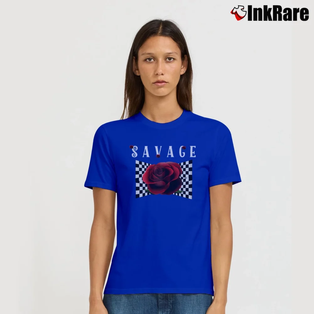 Women’s Savage Rose Checkerboard Signature T-Shirt in royal blue | Soft, Flattering Fit