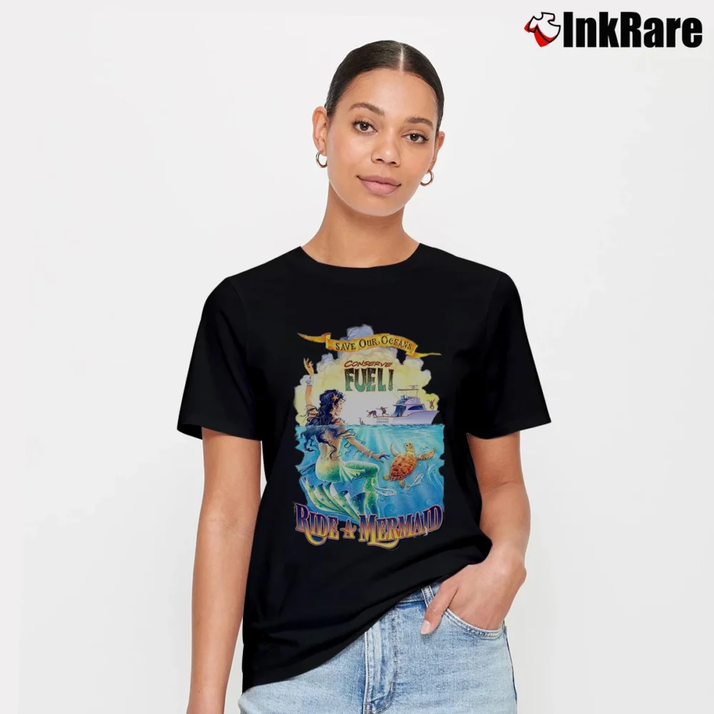 Women’s Save Our Oceans Ride A Mermaid Signature T-Shirt in black | Soft, Flattering Fit