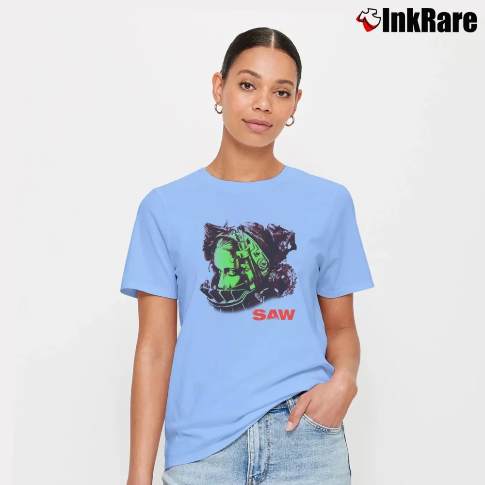 Women’s Saw 2003 Horror Movie Promo Signature T-Shirt in light blue | Soft, Flattering Fit