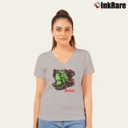 Women’s Saw 2003 Horror Movie Promo V-Neck Tee in sport grey | Chic Neckline, Soft Texture