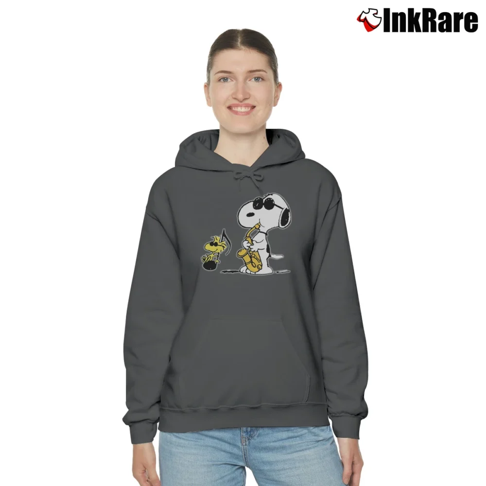 Women’s Saxophone Snoopy Woodstock Jazz Peanuts Cool Cozy Hoodie in charcoal | Warm, Structured, Stylish