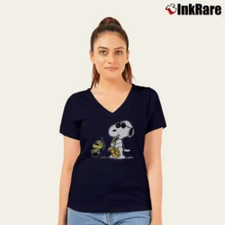 Women’s Saxophone Snoopy Woodstock Jazz Peanuts Cool V-Neck Tee in navy | Chic Neckline, Soft Texture