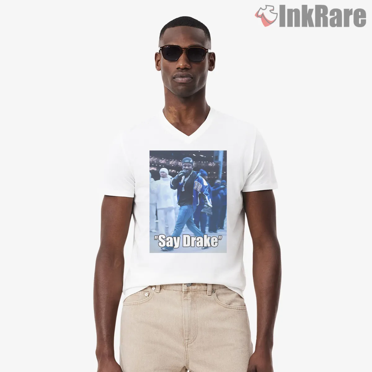 Say Drake Stadium Moment Kendrick Lamar Not Like Us V Neck White Say Drake Stadium Moment Kendrick Lamar Not Like Us Shirt on white v-neck shirt for men graphic tee