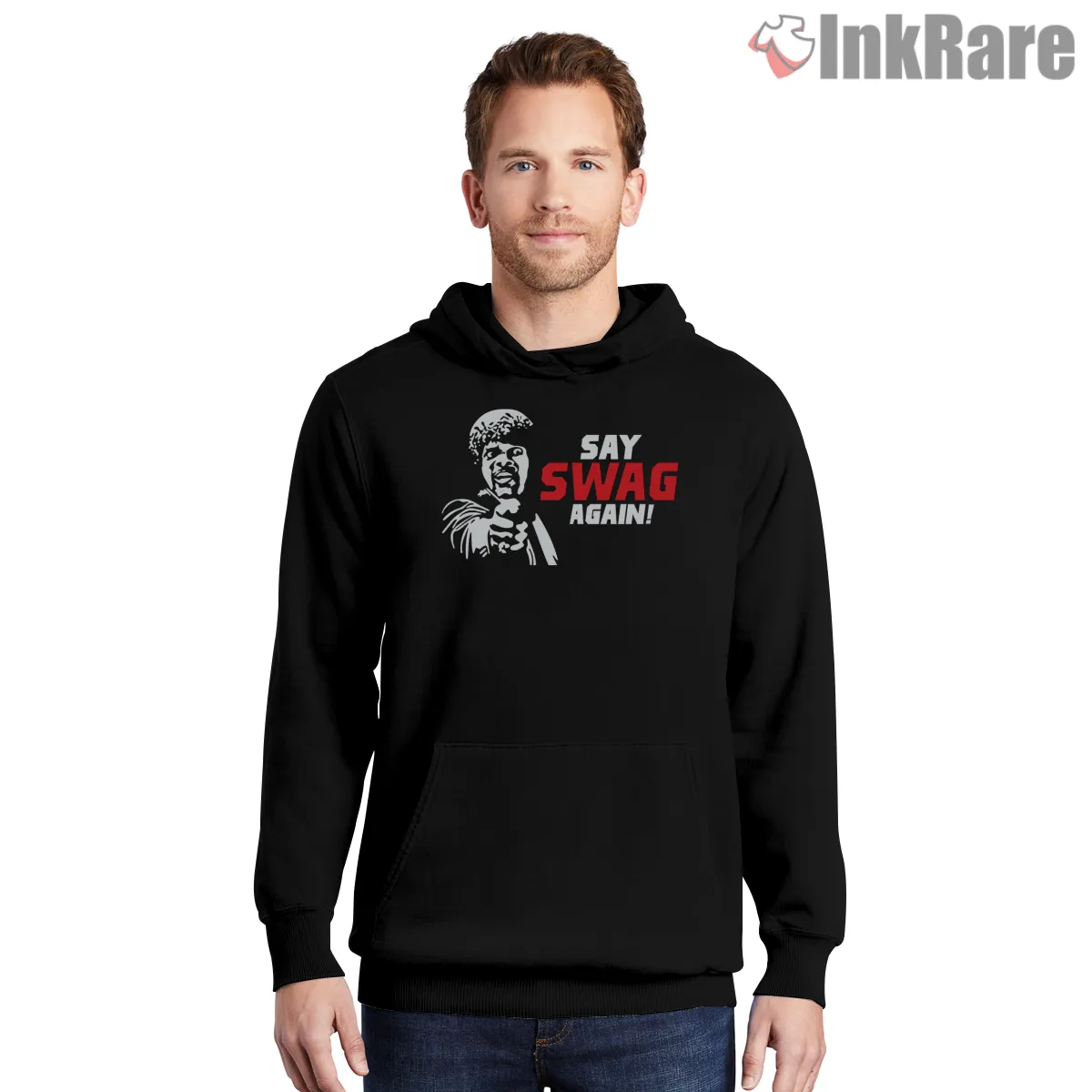 Say Swag Again Parody Tribute Shirt on black hoodie for men graphic tee