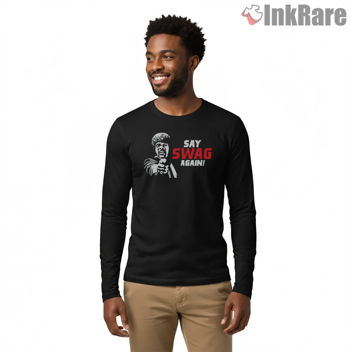 Say Swag Again Parody Tribute Long Sleeve Black Say Swag Again Parody Tribute Shirt on black long sleeve shirt for men graphic tee