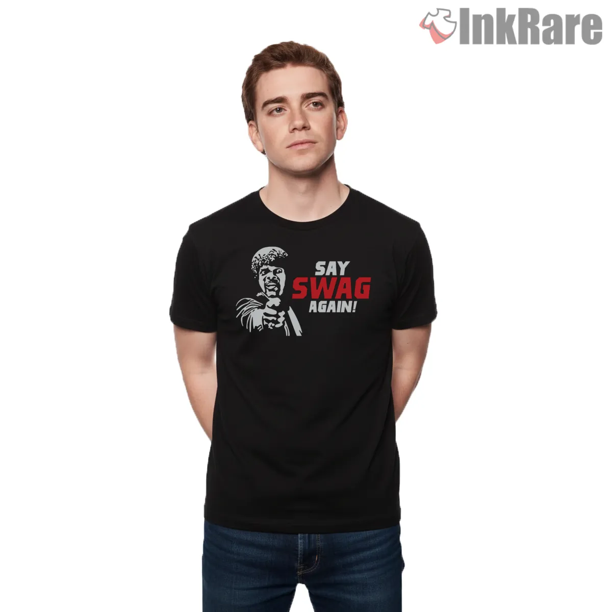 Say Swag Again Parody Tribute Short Sleeve Black Say Swag Again Parody Tribute Shirt on black short sleeve shirt for men graphic tee