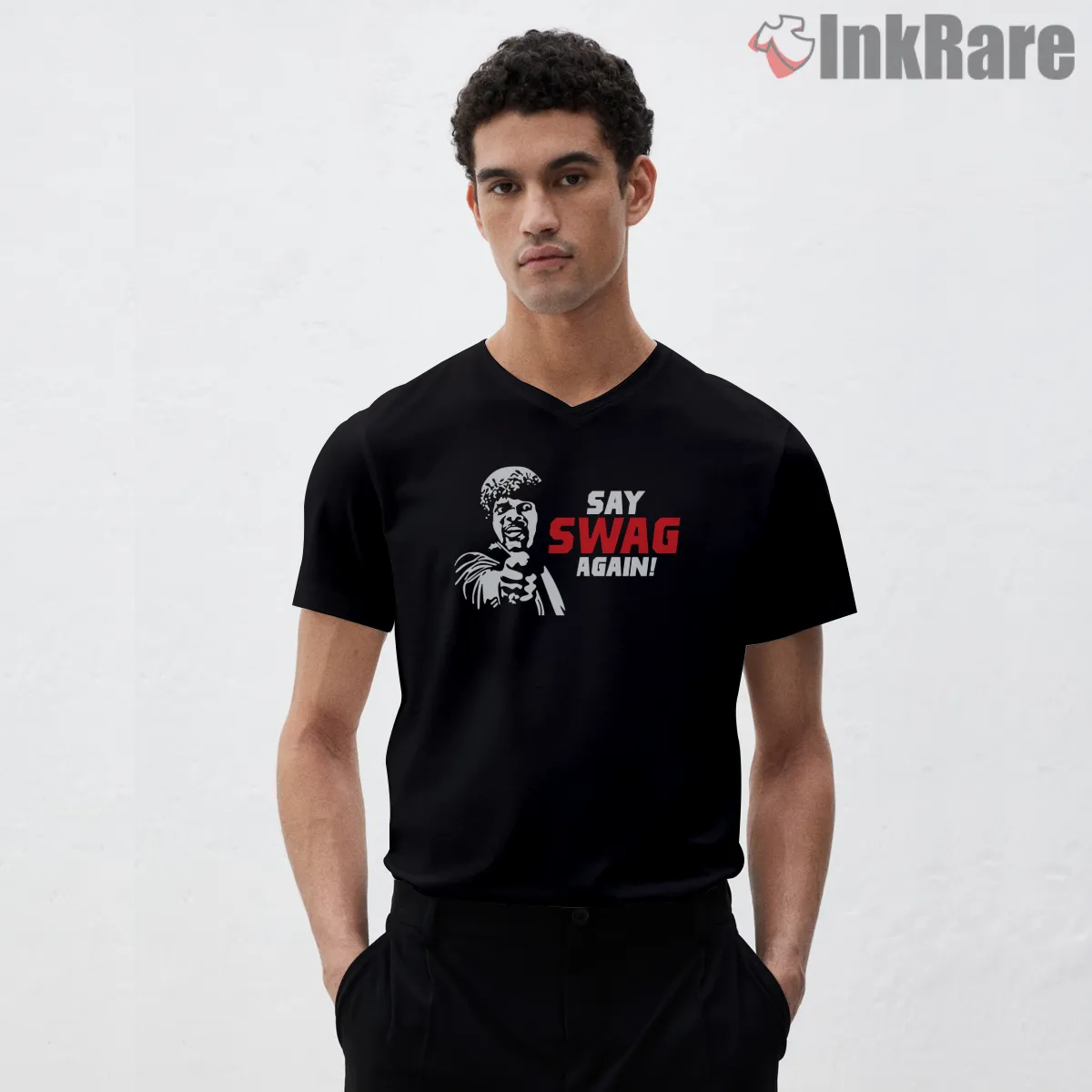 Say Swag Again Parody Tribute V Neck Black Say Swag Again Parody Tribute Shirt on black v-neck shirt for men graphic tee