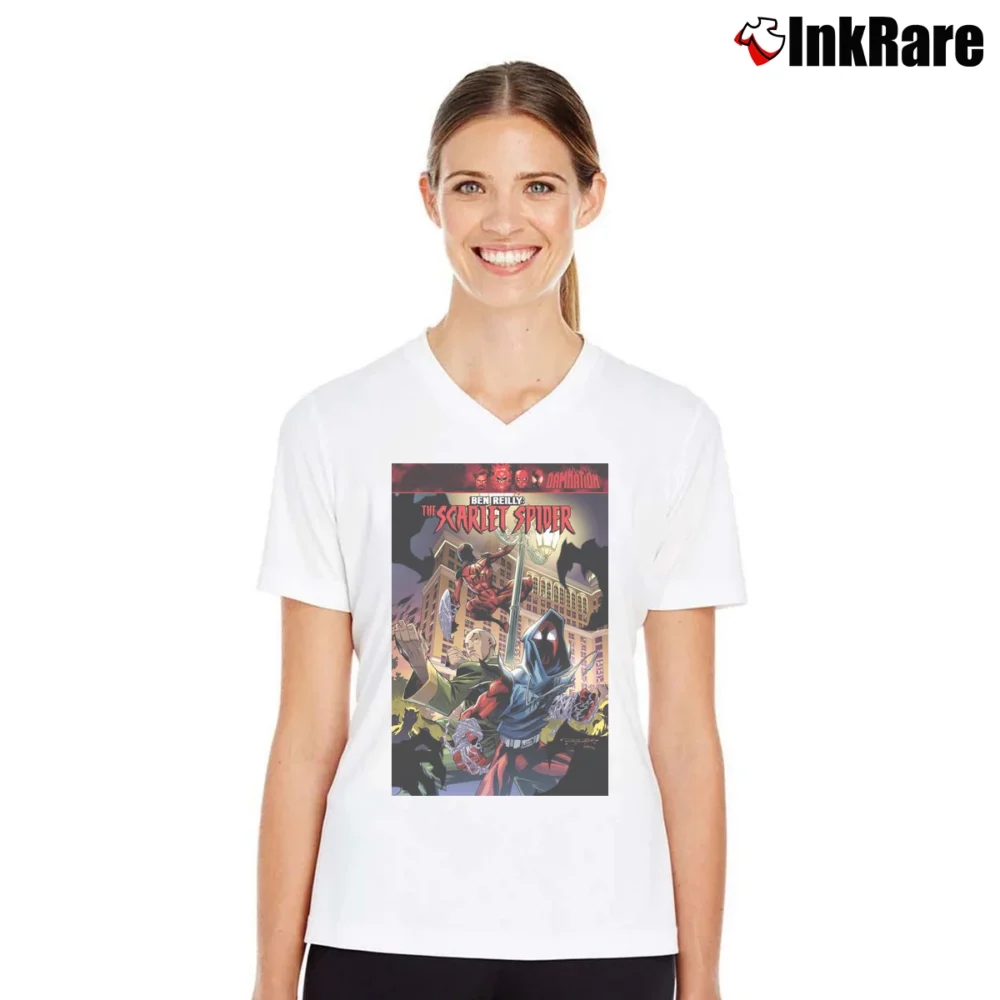 Women’s Scarlet Spider Spiderman Marvel V-Neck Tee in white | Chic Neckline, Soft Texture