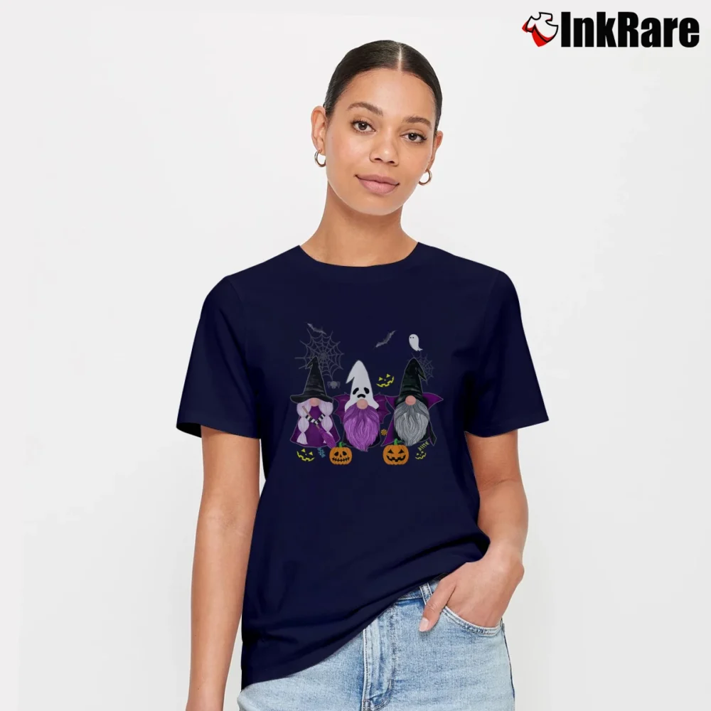 Women’s Scary Gnomes Ghost Autumn Pumpkin Halloween T-Shirt in navy | Soft, Flattering Fit