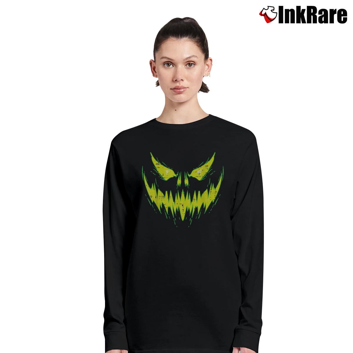 Women’s Scary Pumpkin Jack O Lantern Halloween Long-Sleeve Top in black | Sleek, Versatile, All-Season