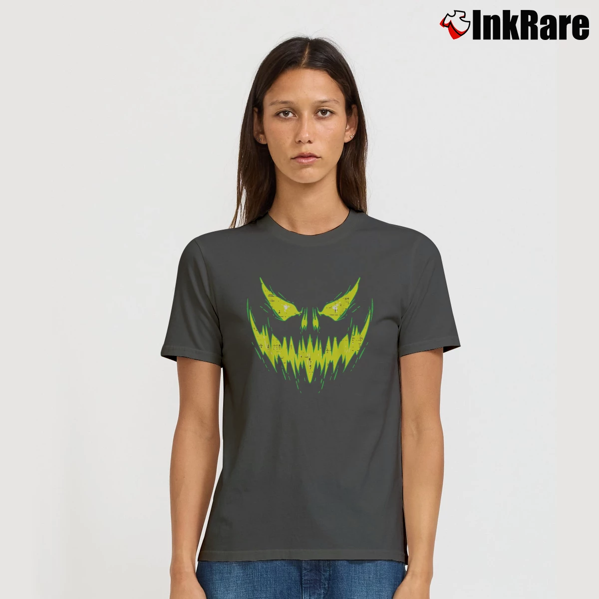 Women’s Scary Pumpkin Jack O Lantern Halloween T-Shirt in charcoal | Soft, Flattering Fit