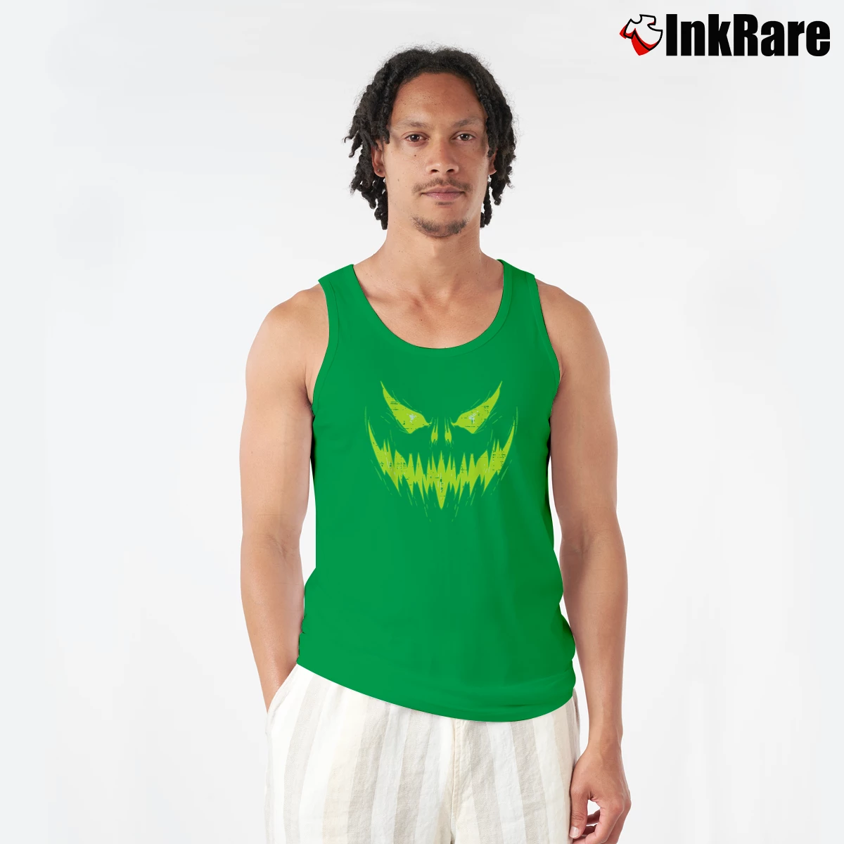 Men’s Scary Pumpkin Jack O Lantern Halloween Tank Top in irish green | Breathable, Active-Friendly Design
