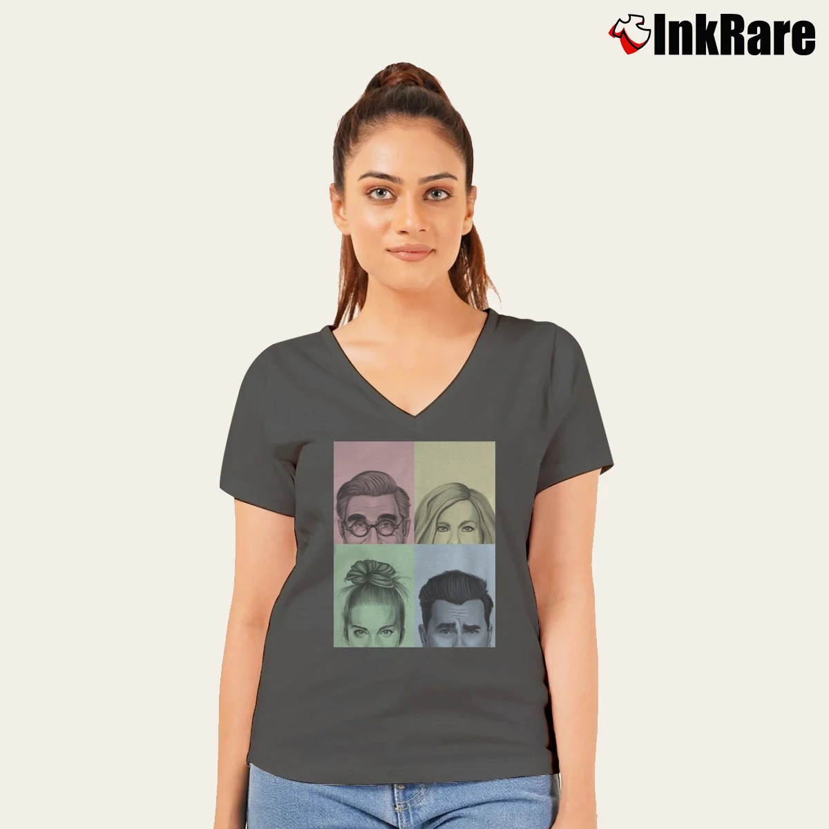 Women’s Schitt's Creek Colorful Cast Tv Series V-Neck Tee in charcoal | Chic Neckline, Soft Texture