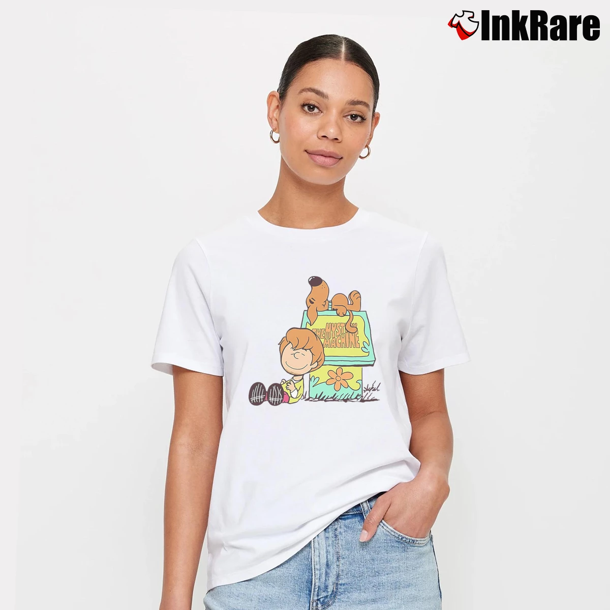 Scooby Doo And Shaggy Rogers As Charlie Brown And Snoopy The Mystery Machine Women’s Tee in white – Effortless Style Women’s Scooby Doo And Shaggy Rogers As Charlie Brown And Snoopy The Mystery Machine T-Shirt in white | Soft, Flattering Fit
