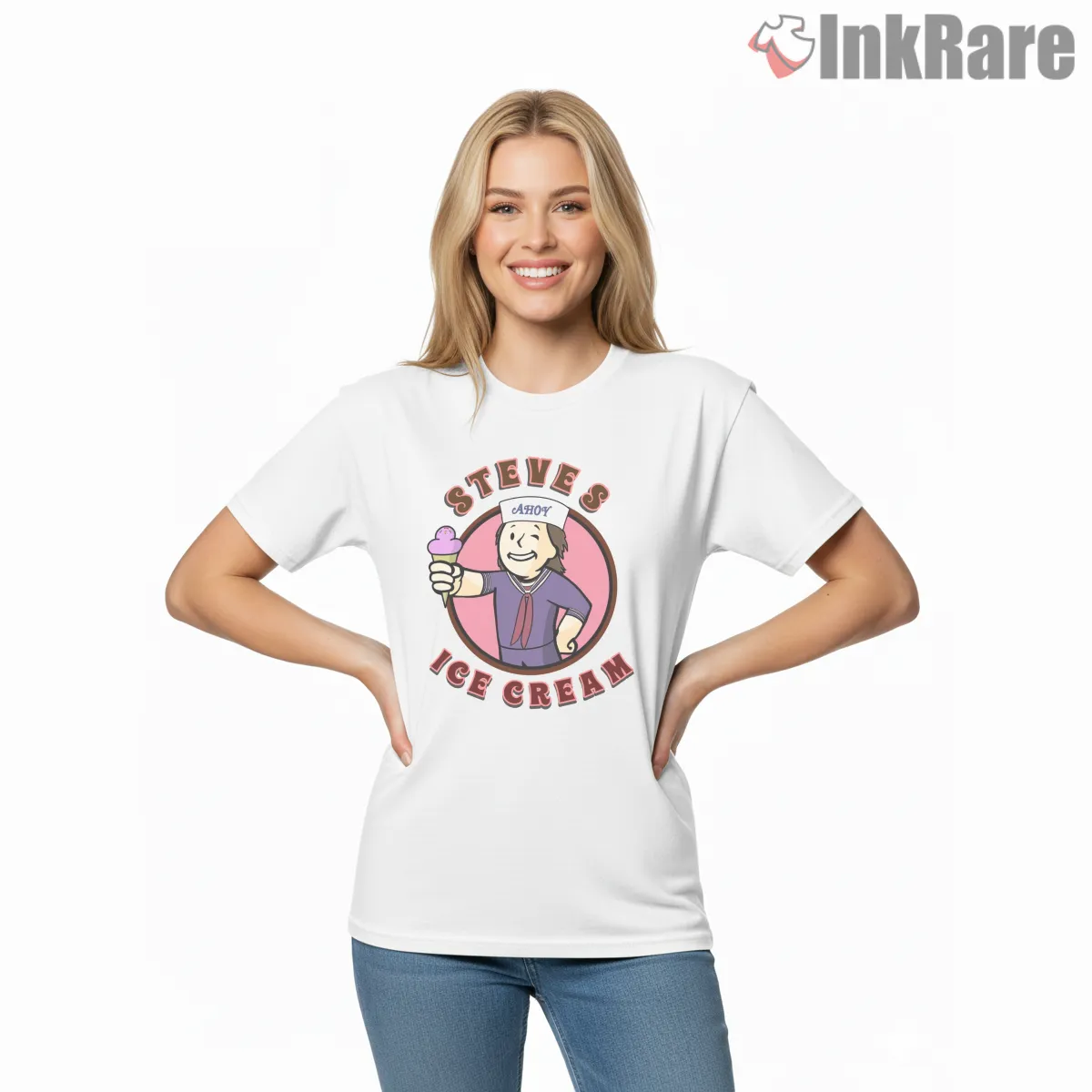 Scoops Ahoy Steve Ice Cream Parody Shirt on white short sleeve shirt for women graphic tee