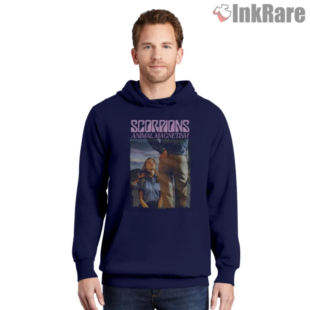 Scorpions Animal Magnetism Shirt with bold album artwork on navy hoodie