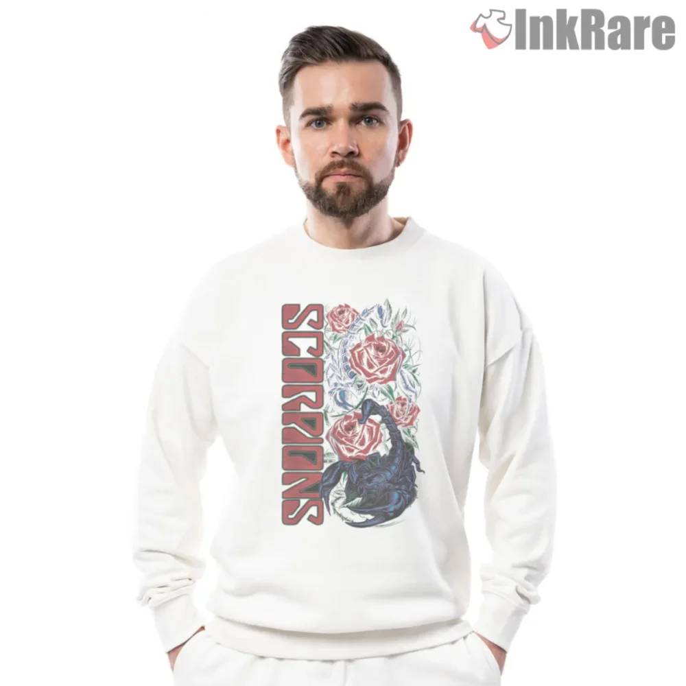 Scorpions Black Ballad Shirt with blue scorpion and red roses on white