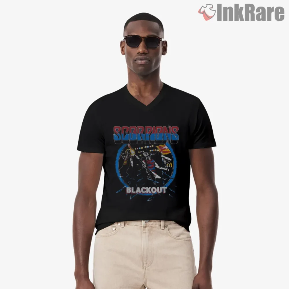 Scorpions Blackout Shirt with vintage live graphic on black V neck