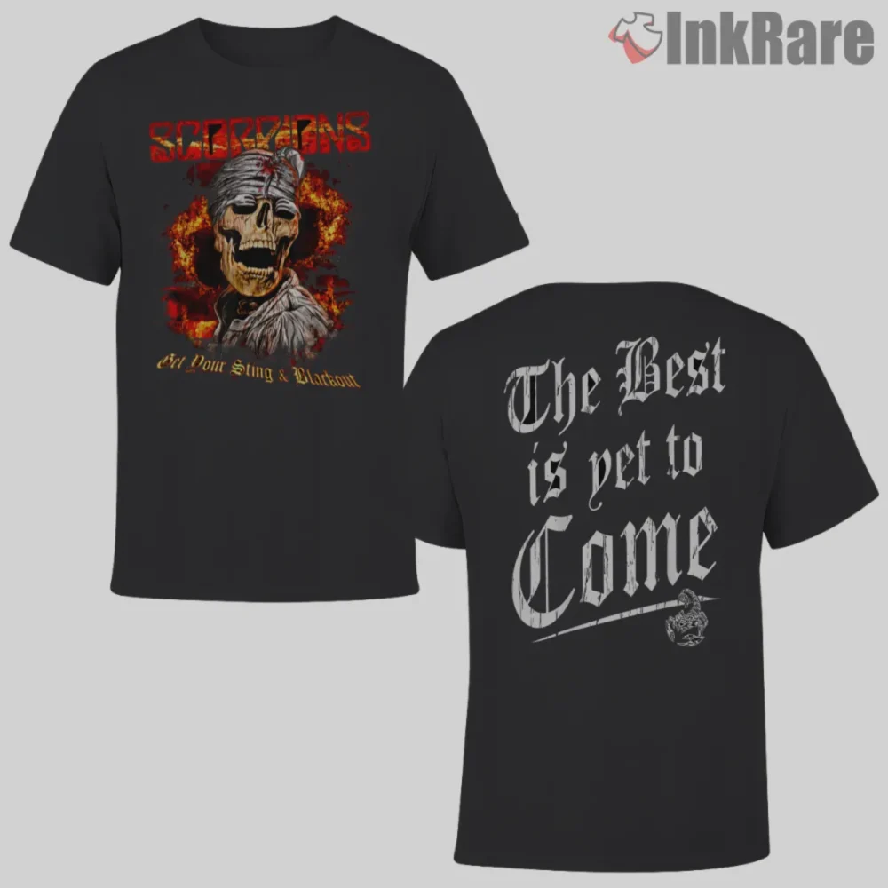Scorpions Blackout Skull Double Sided Shirt with flaming skull front and 'The Best is Yet to Come' back print