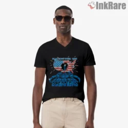 Scorpions Blackout Tour 1982 American Flag Shirt graphic on black V neck