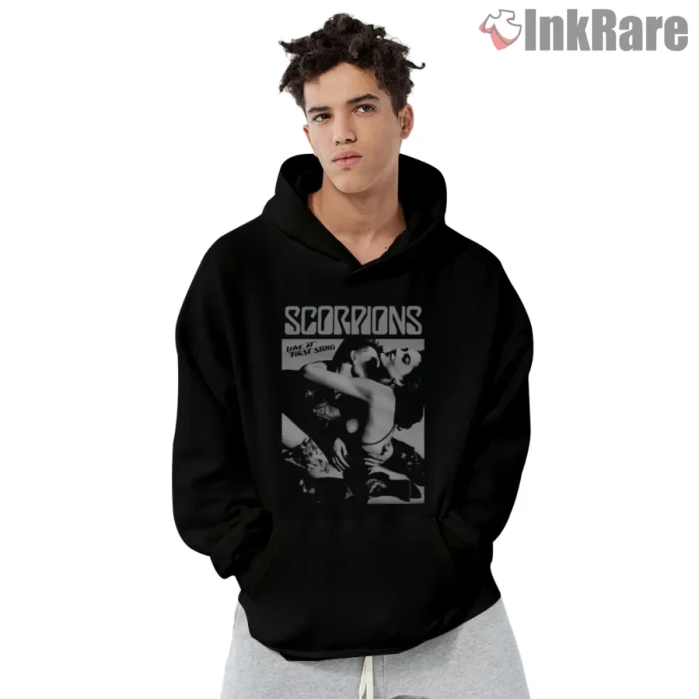 Scorpions Love At First Sting Album Shirt with iconic black and white cover on black hoodie