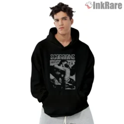 Scorpions Love At First Sting Album Shirt with iconic black and white cover on black hoodie