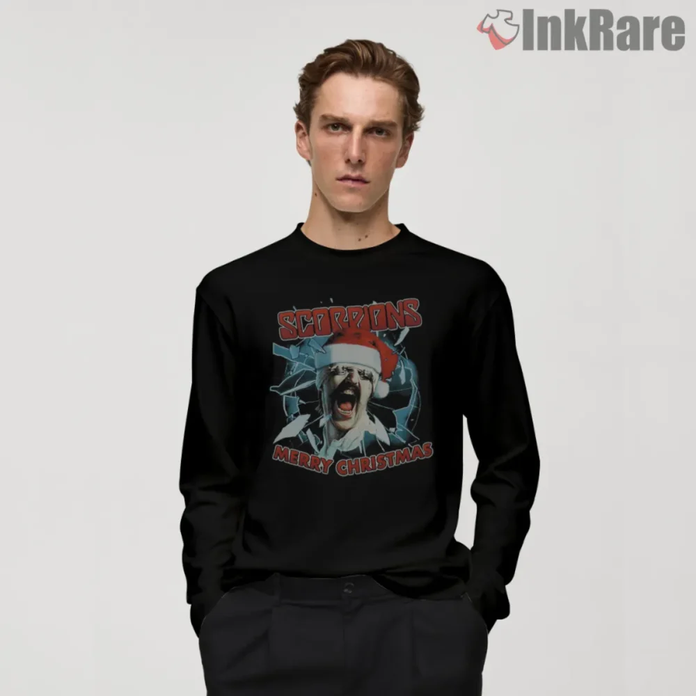 Scorpions Merry Christmas Blackout Shirt front graphic on black long sleeve