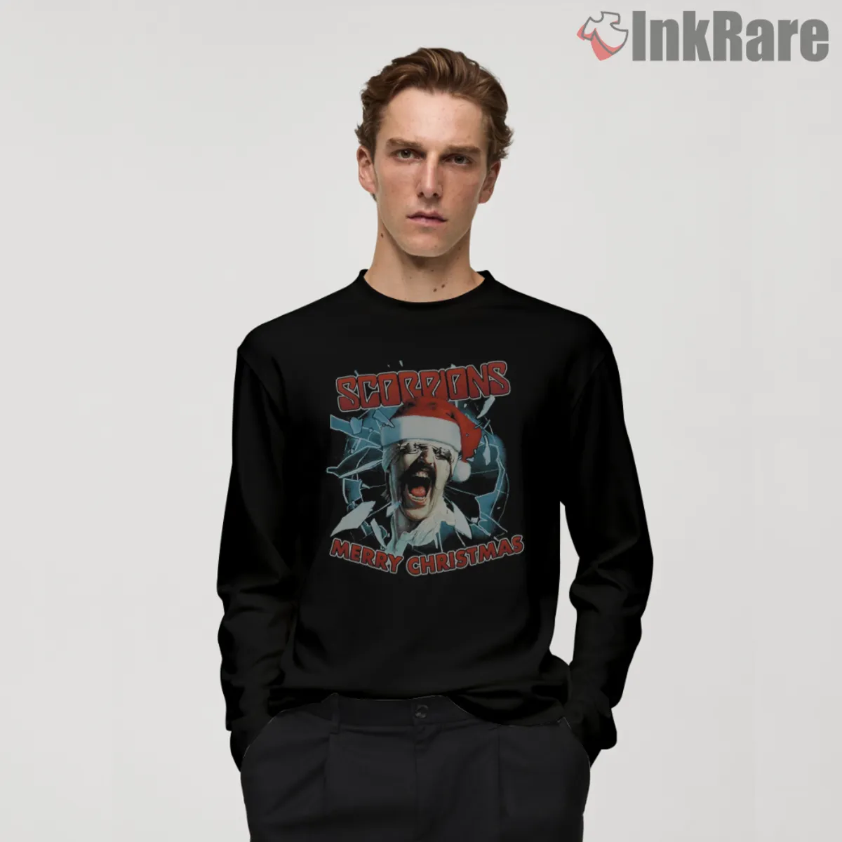 Scorpions Merry Christmas Blackout Shirt Long Sleeve Black Scorpions Merry Christmas Blackout Shirt front graphic on black long sleeve