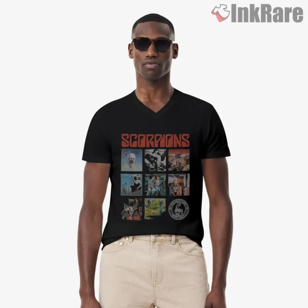 Scorpions Remastered Album Covers Shirt collage of classic records on black