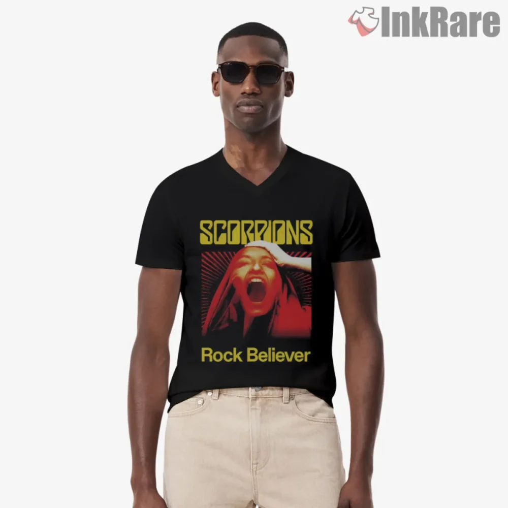 Scorpions Rock Believer Shirt with red and yellow album artwork on black
