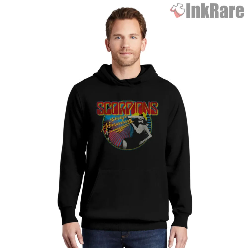 Scorpions Savage Amusement Shirt with retro circle artwork printed on black hoodie
