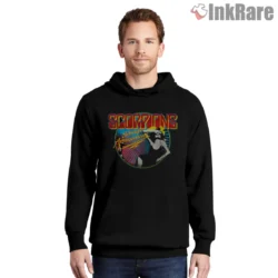 Scorpions Savage Amusement Shirt with retro circle artwork printed on black hoodie