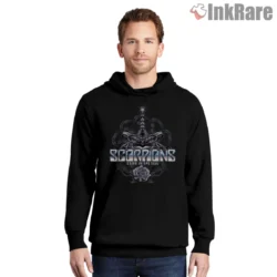 Scorpions Sting In The Tail Shirt with silver scorpion artwork on black hoodie