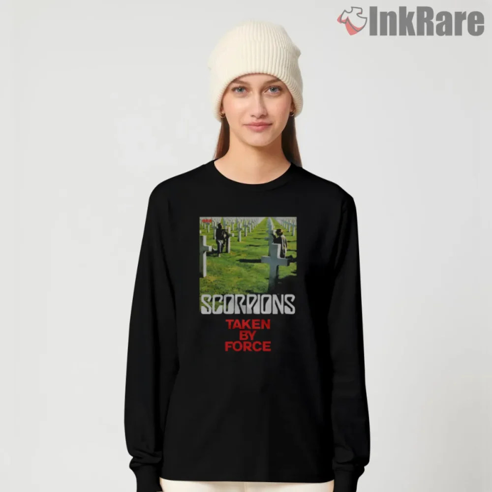 Scorpions Taken By Force Shirt with album art on black long sleeve
