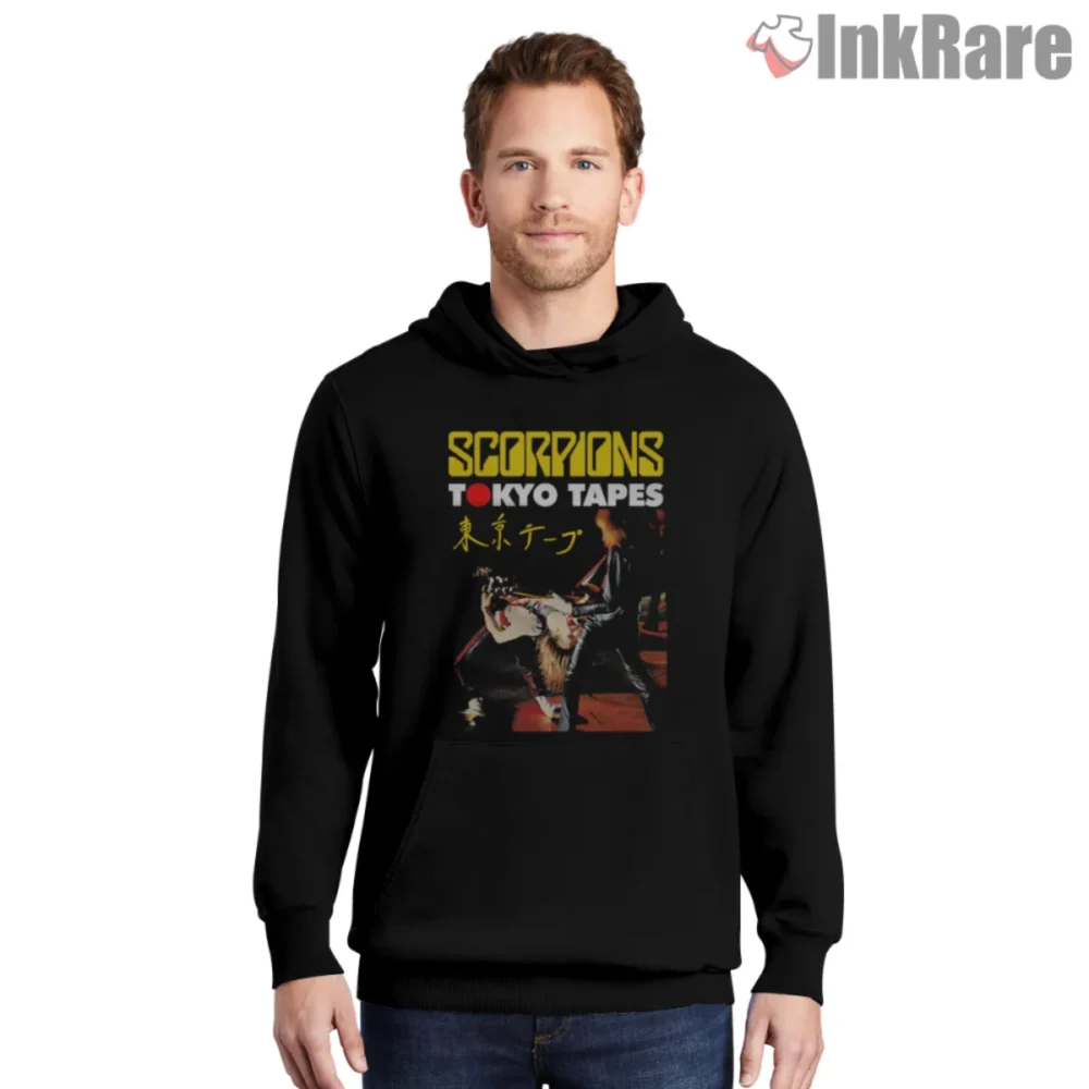 Scorpions Tokyo Tapes Shirt with bold live photo and title on black