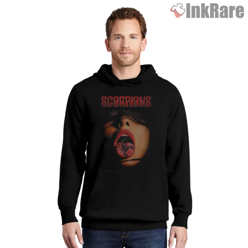 Scorpions Tongue Shirt bold tongue and scorpion graphic on black hoodie