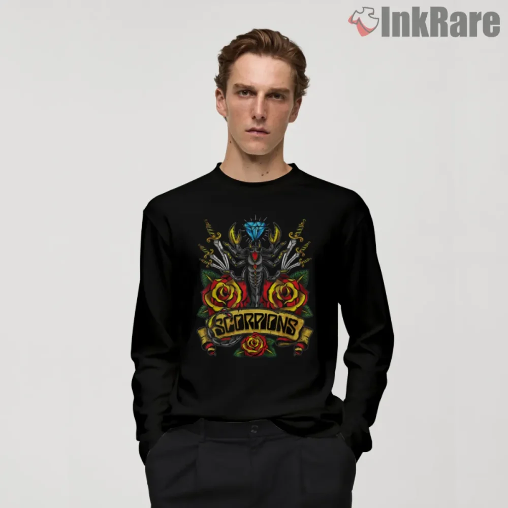 Scorpions Traditional Tattoo Shirt with old school roses, daggers, and crest on black long sleeve