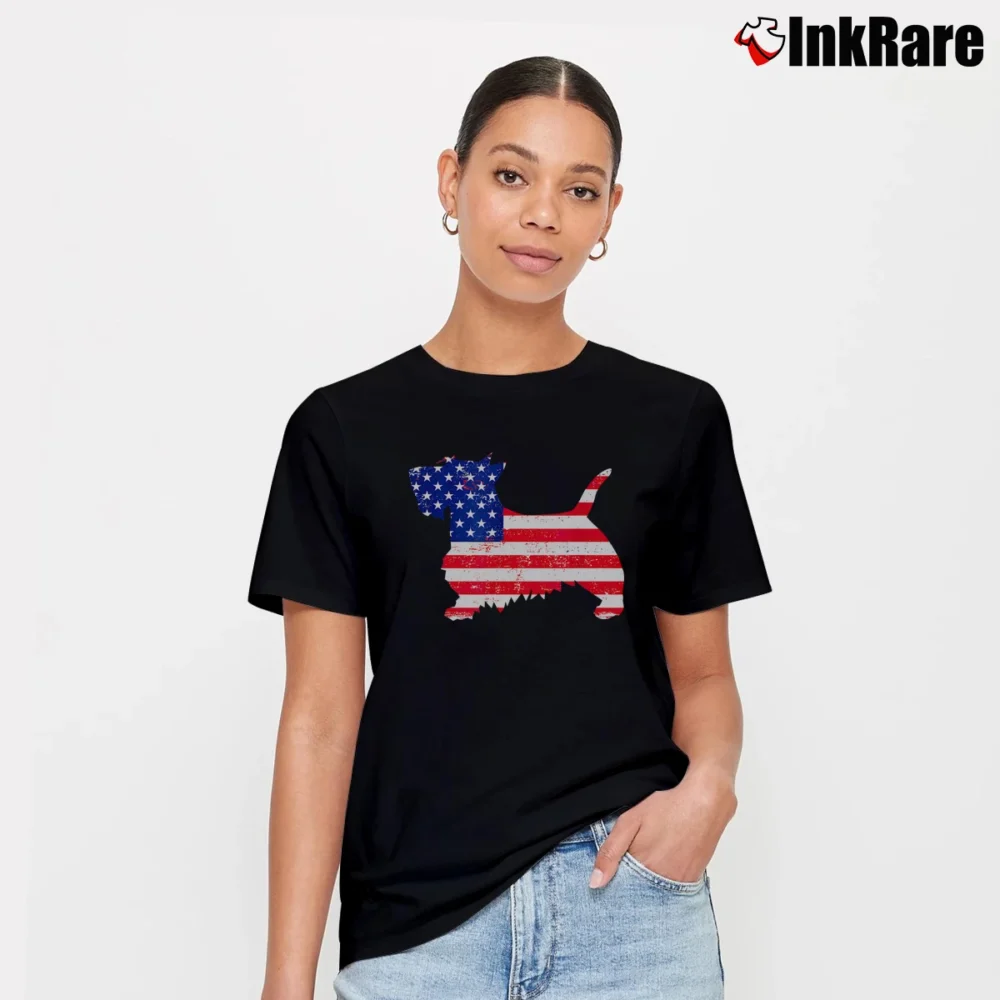 Women’s Scottie Terrier American Flag 4th Of July Dog Signature T-Shirt in black | Soft, Flattering Fit