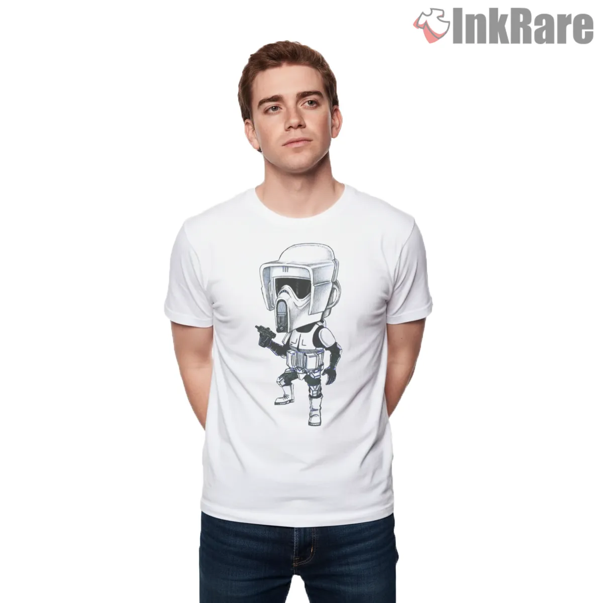 Scout Trooper Playful Caricature Shirt on white short sleeve shirt for men graphic tee