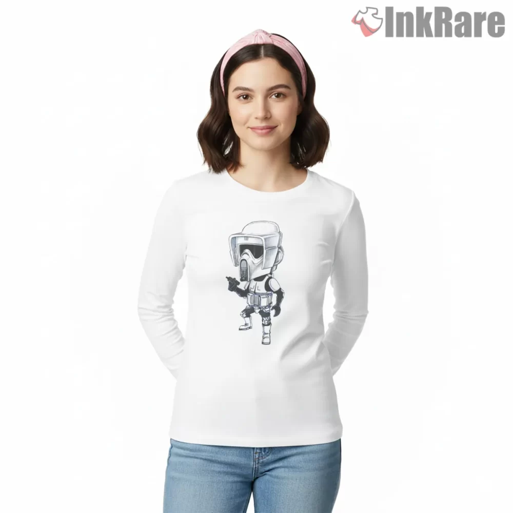 Scout Trooper Playful Caricature Shirt on white long sleeve shirt for women graphic tee