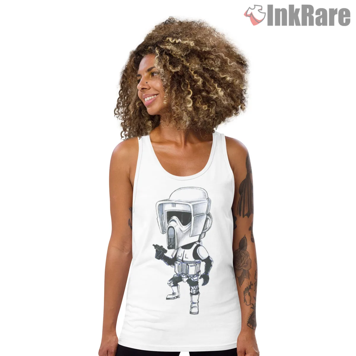 Scout Trooper Playful Caricature Tank Top White Scout Trooper Playful Caricature Shirt on white tank top for women graphic tee