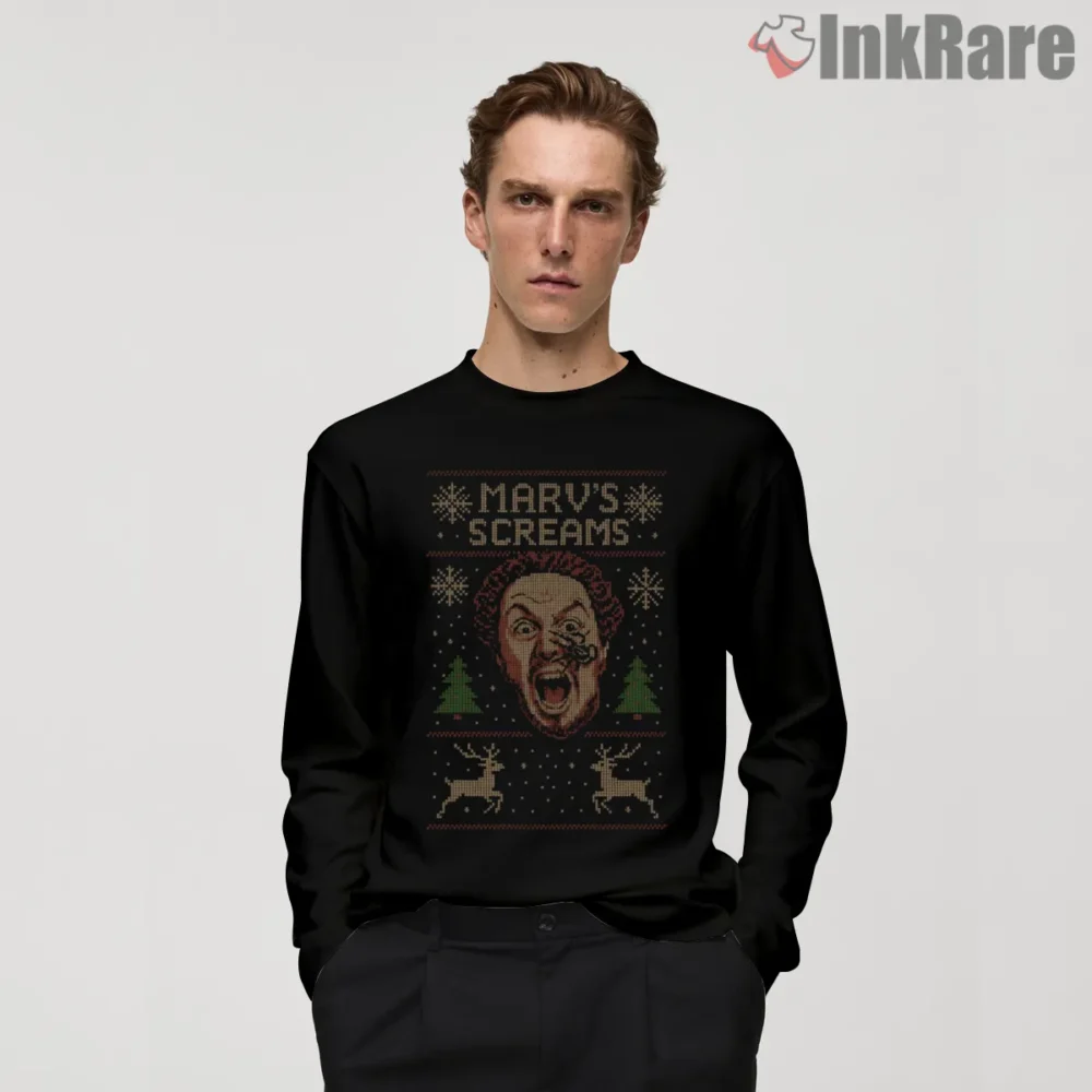 Screaming Marv Christmas Sweater Shirt on black long sleeve shirt for men graphic tee